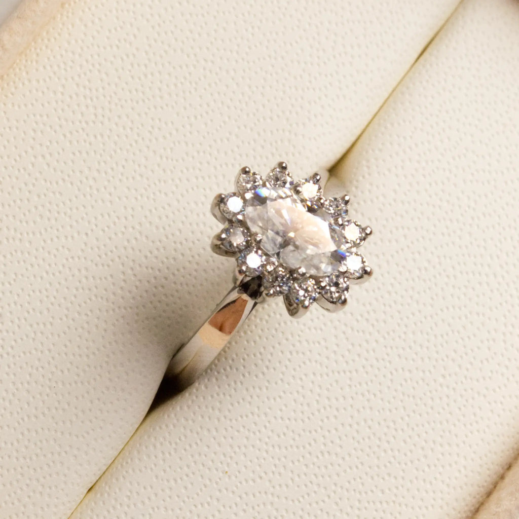 Oval Moissanite Halo Engagement Ring in White Gold