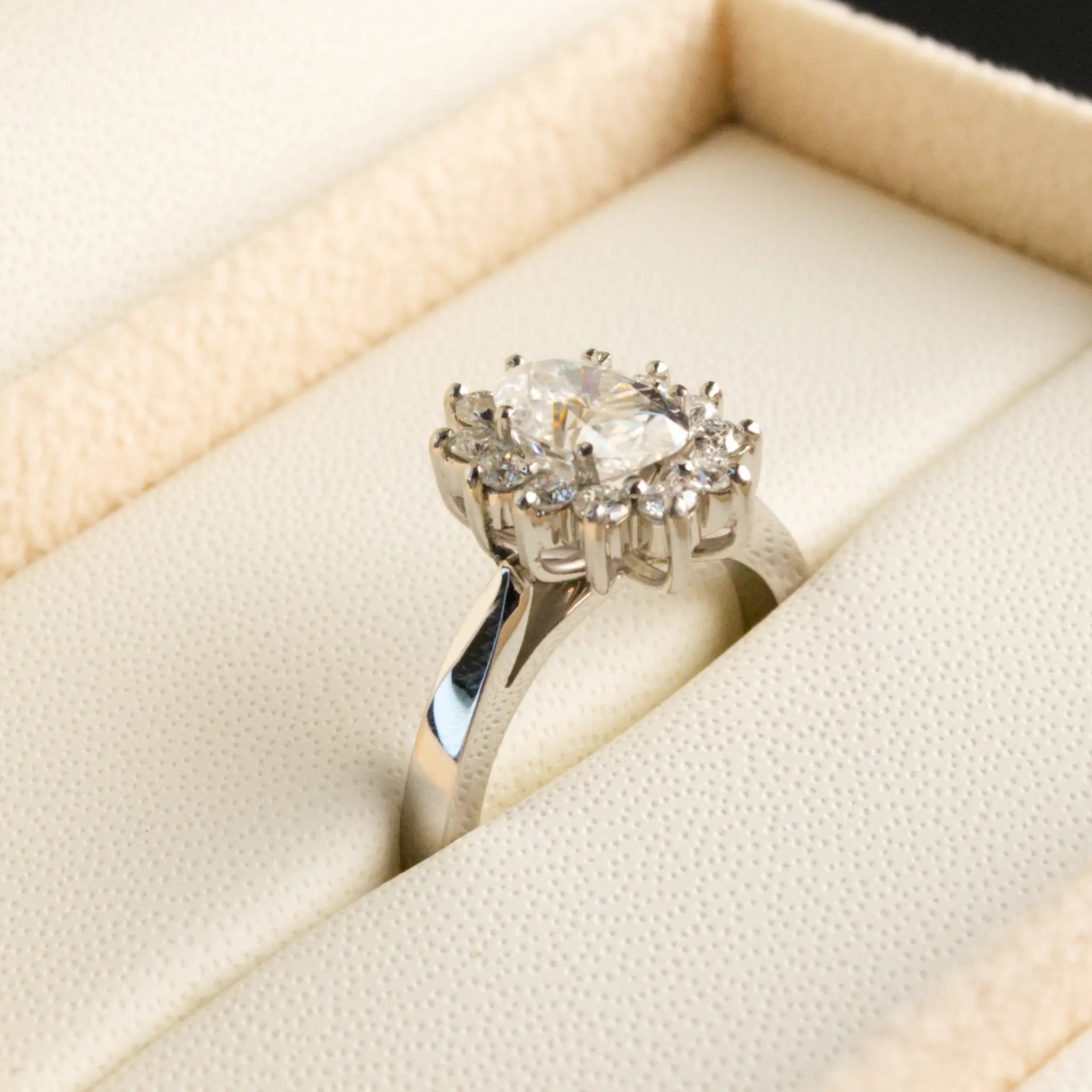 Oval Moissanite Halo Engagement Ring in White Gold