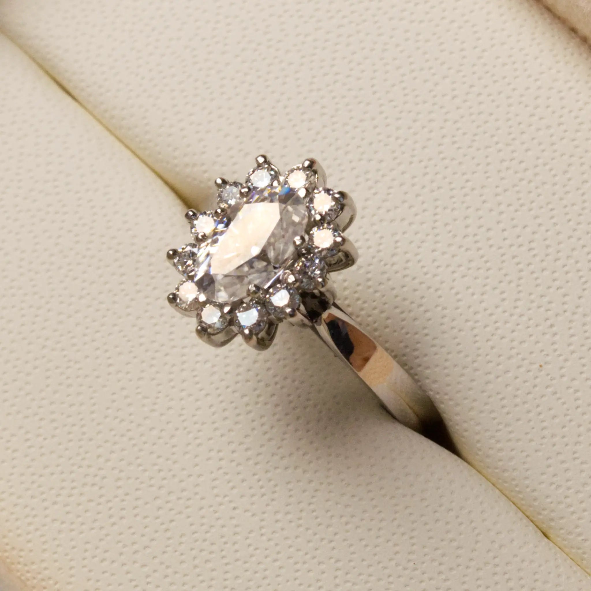 Oval Moissanite Halo Engagement Ring in White Gold