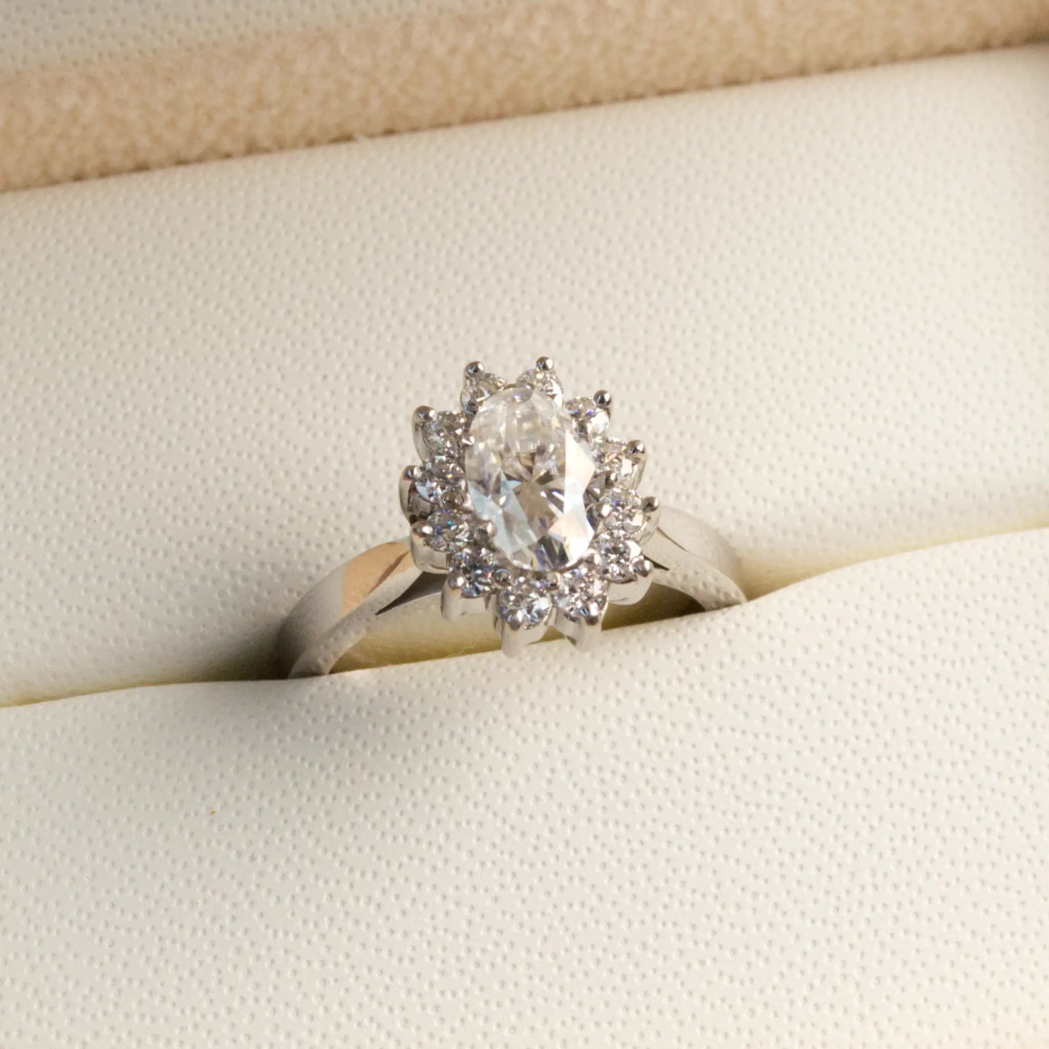 Oval Moissanite Halo Engagement Ring in White Gold