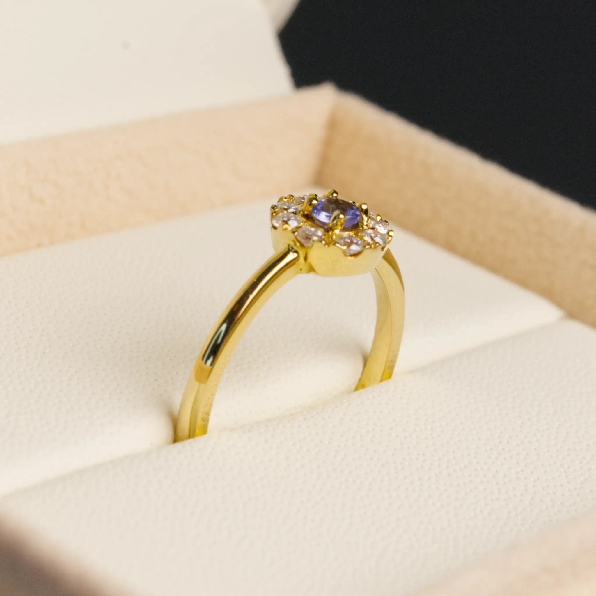 Tanzanite and Diamond Halo Ring, 9-18K Yellow Gold