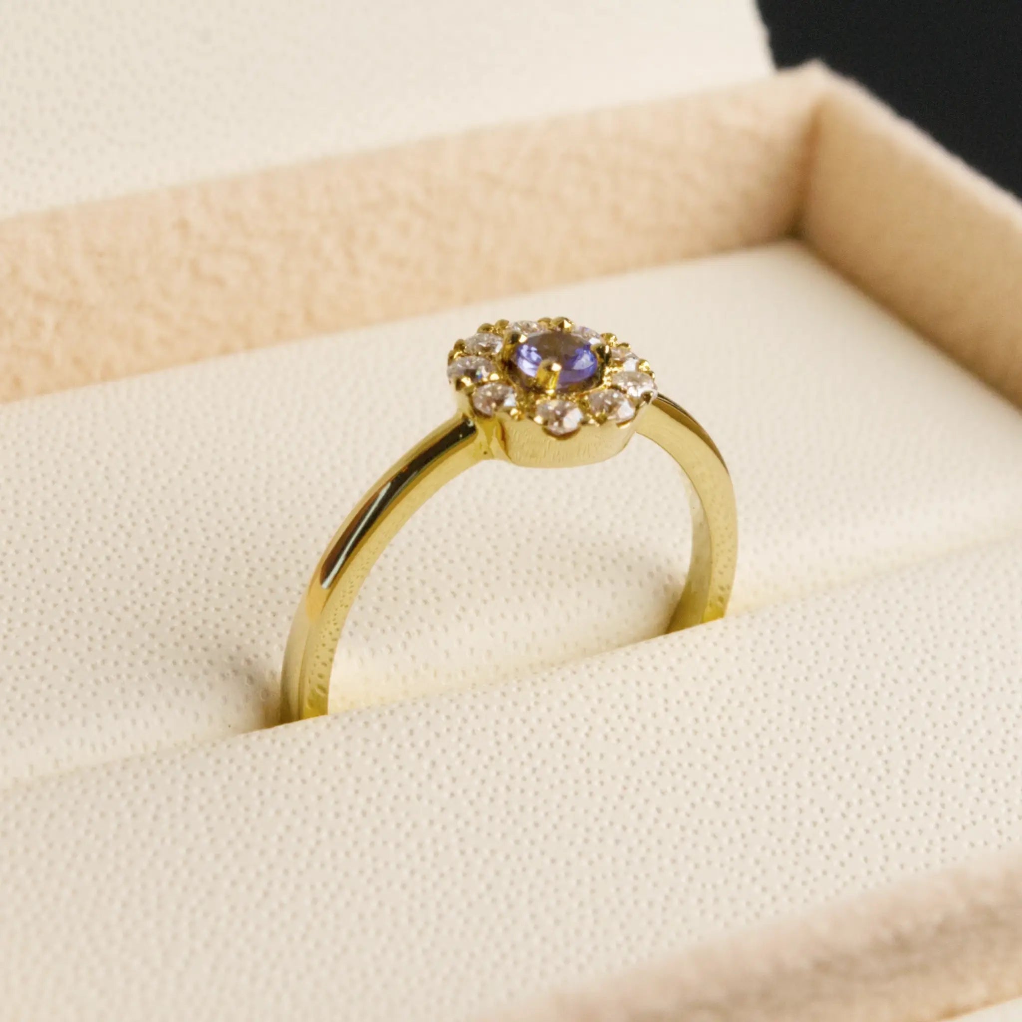 Tanzanite and Diamond Halo Ring, 9-18K Yellow Gold