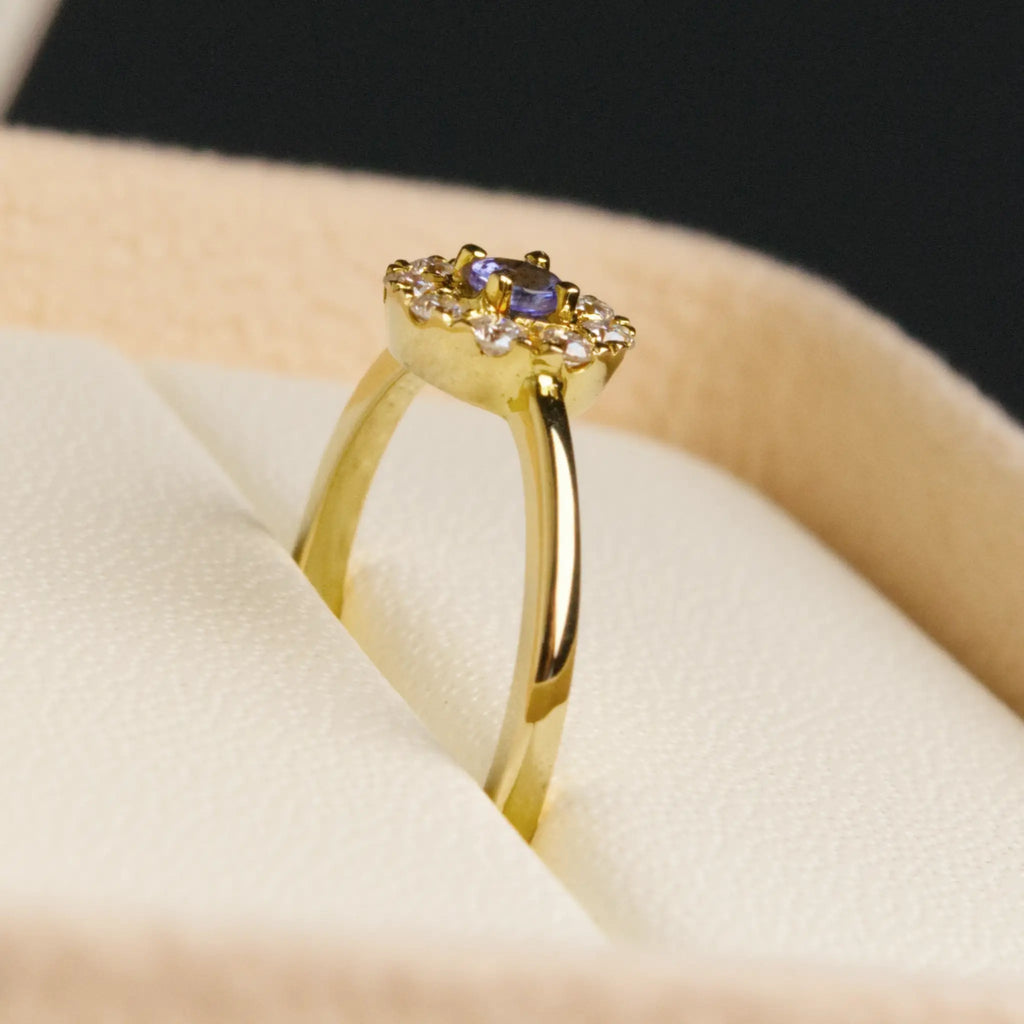 Tanzanite and Diamond Halo Ring, 9-18K Yellow Gold