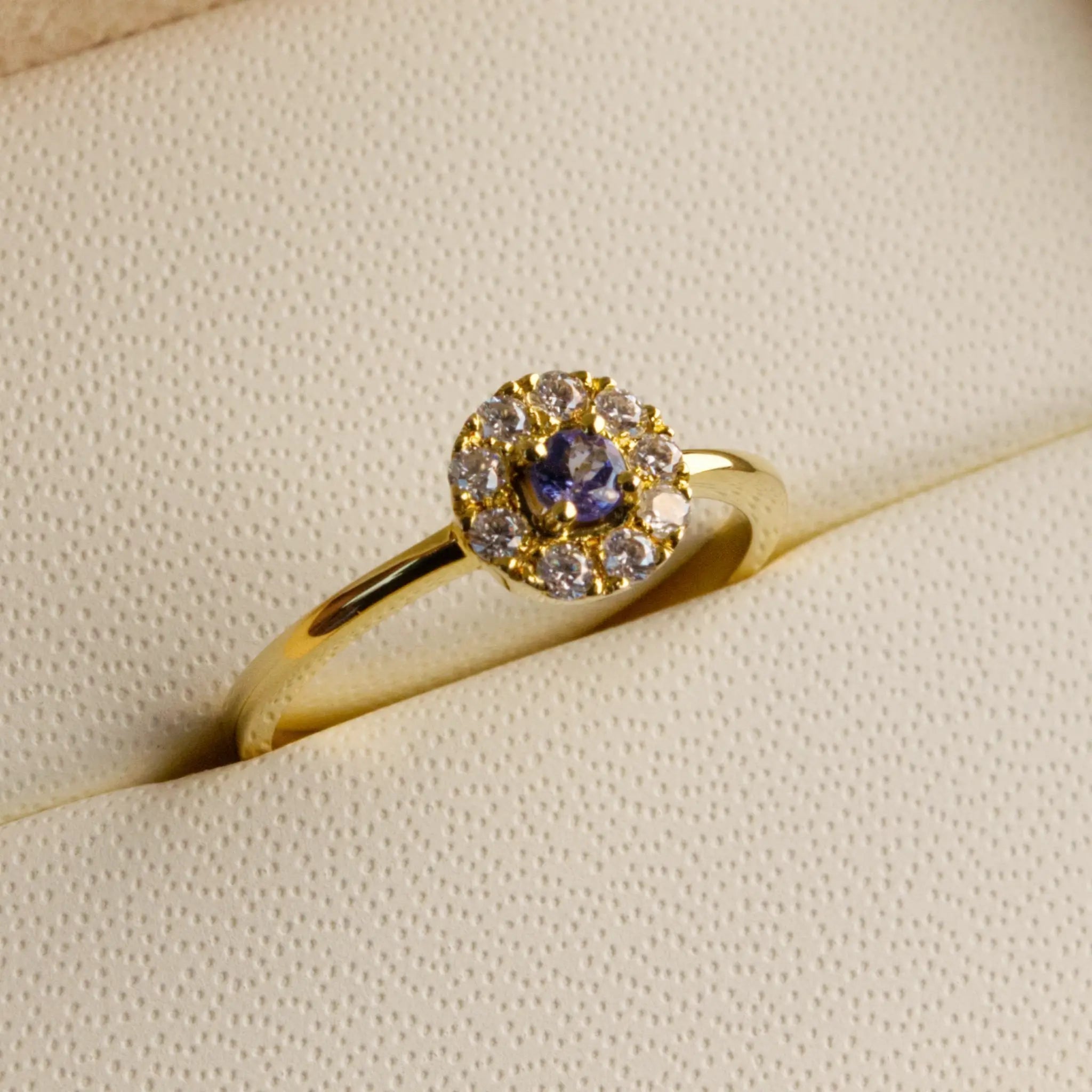 Tanzanite and Diamond Halo Ring, 9-18K Yellow Gold