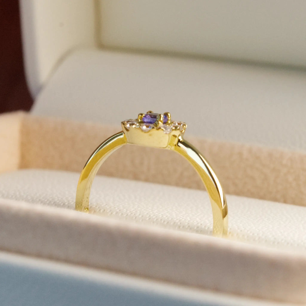 Tanzanite and Diamond Halo Ring, 9-18K Yellow Gold