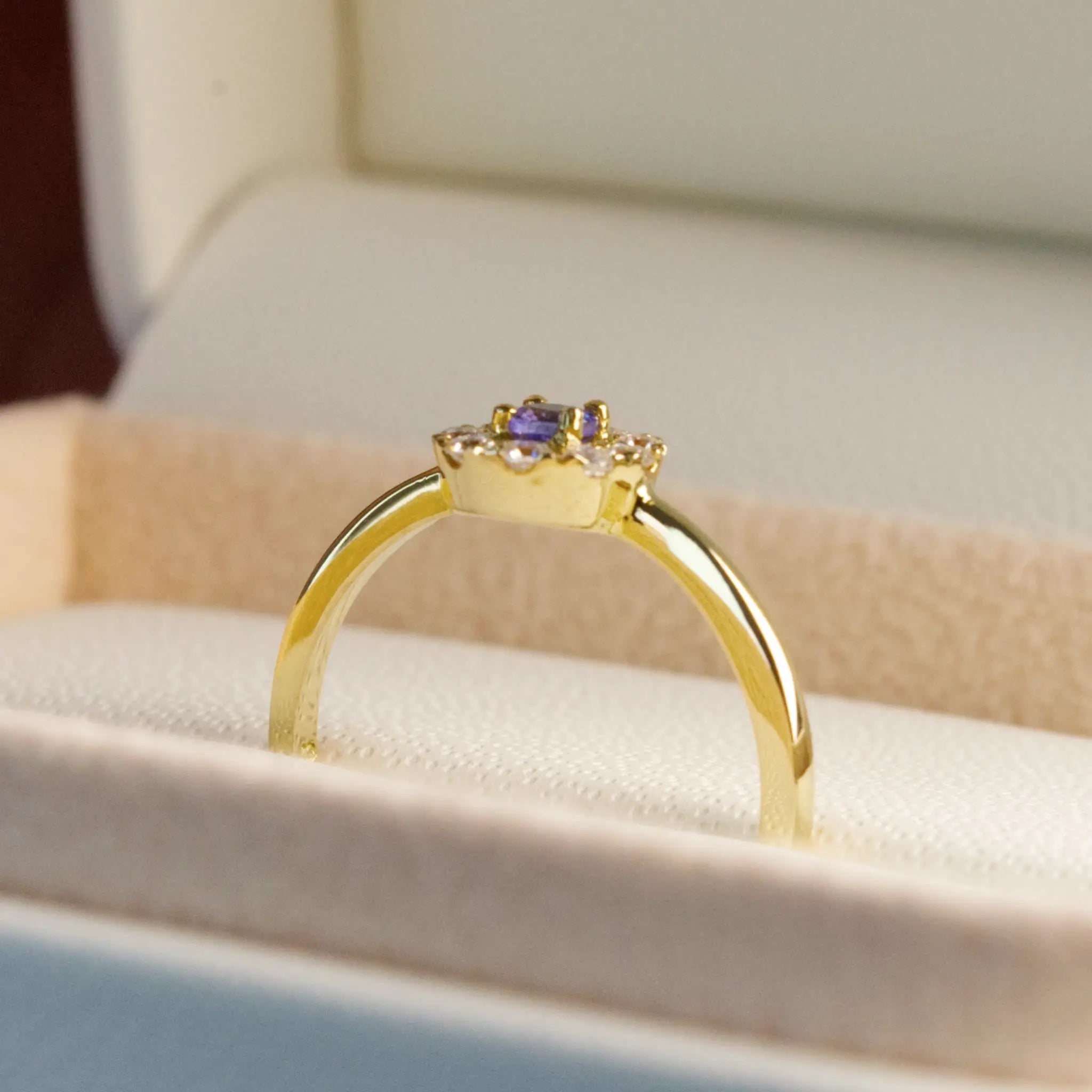 Tanzanite and Diamond Halo Ring, 9-18K Yellow Gold