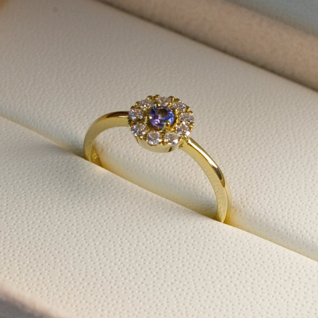 Tanzanite and Diamond Halo Ring, 9-18K Yellow Gold