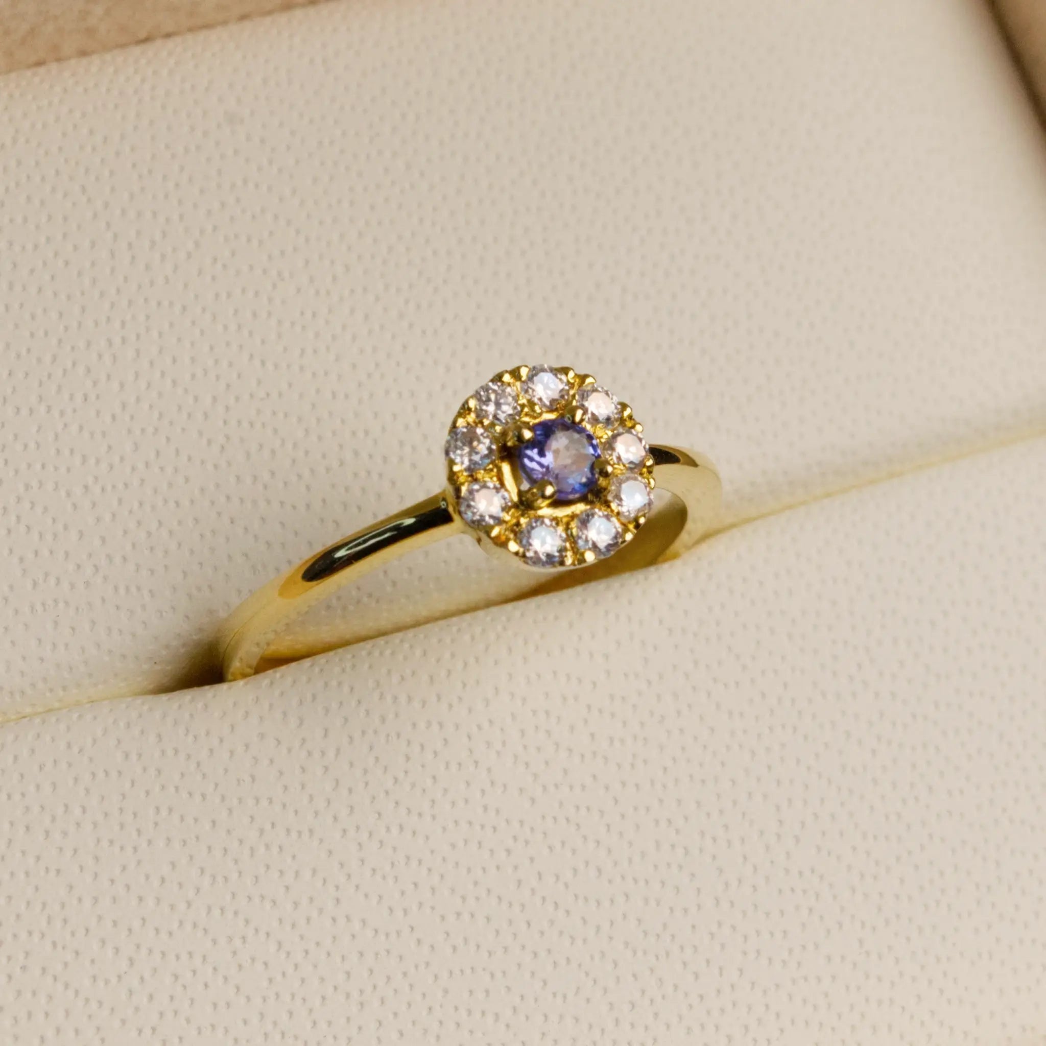 Tanzanite and Diamond Halo Ring, 9-18K Yellow Gold